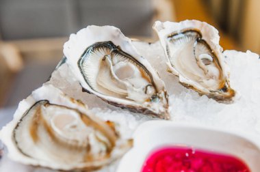 Limon ve sos ile buz üzerinde Istiridye