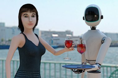 Bir kadın bir robot (3d render şarap servis)