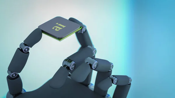 A robot holds an artificial intelligence chip in his hand (3d rendering)