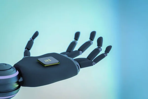 Ein Roboter Hält Einen Chip Mit Künstlicher Intelligenz Der Hand — Stockfoto