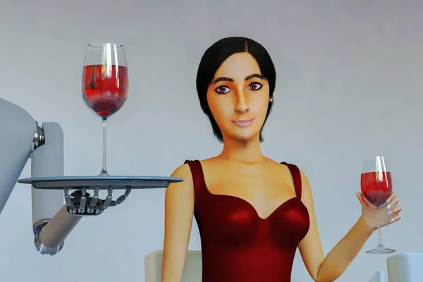 A robot is serving red wine to a beautiful woman