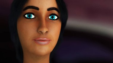 Gözünde neon lensler olan fütürist bir kadın.)