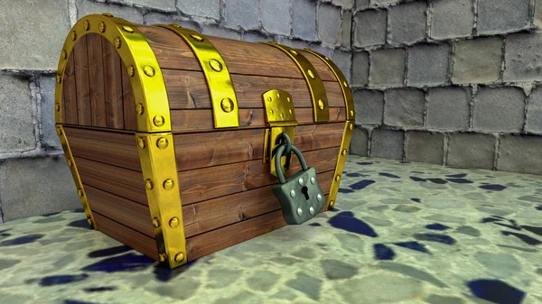 Tajemniczą skrzynię skarbów w komorze skarbowej (renderowanie 3D) — Zdjęcie stockowe