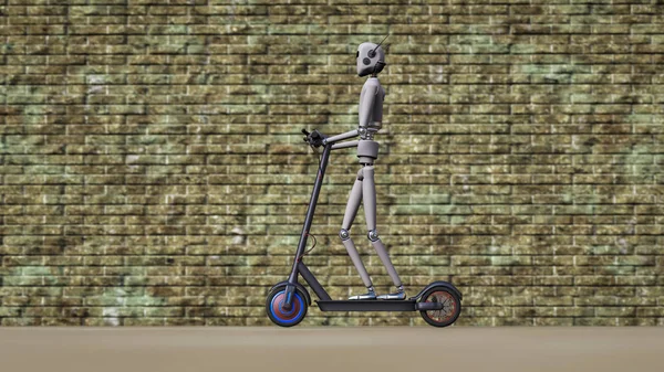 Ένα ρομπότ οδηγεί στο πεζοδρόμιο με ένα ηλεκτρικό σκούτερ — Φωτογραφία Αρχείου