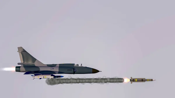 戦闘機がミサイルを発射する(3Dレンダリング) — ストック写真