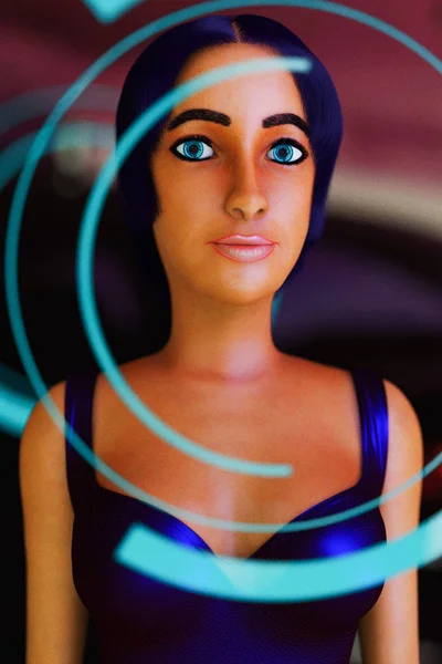 Una donna futuristica con lenti al neon negli occhi — Foto Stock