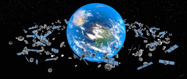 多くの衛星が軌道上でスクラップする(3Dレンダリング、この画像エレム — ストック写真