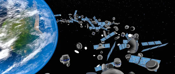 多くの衛星が軌道上でスクラップする(3Dレンダリング、この画像エレム — ストック写真