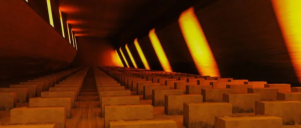 Futurystyczna sala z pomarańczowym, świecącym światłem (rendering 3d) — Zdjęcie stockowe