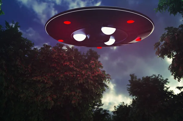an unidentified flying object lands in a forest (3d rendering)