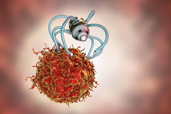 Nanobot atacando células cancerígenas, conceito médico de nanotecnologia — Fotografia de Stock