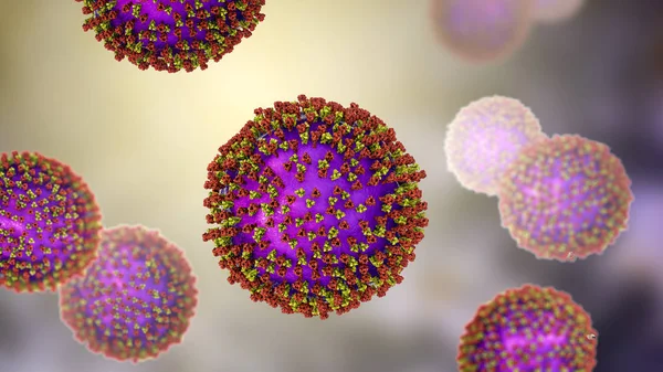 Wirusy Odry, ilustracja wykazująca strukturę wirusa odry z kolcami glikoproteiny powierzchniowej — Zdjęcie stockowe