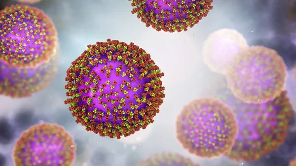 Measles viruses, illustration showing structure of measles virus with surface glycoprotein spikes