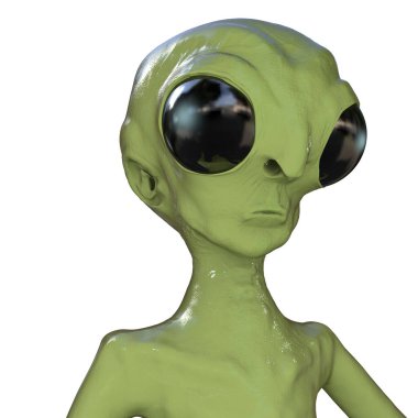 Dünya dışı insansı yaratık, uzaylı karakter, UFO ziyaretçisi, 3 boyutlu illüstrasyon.