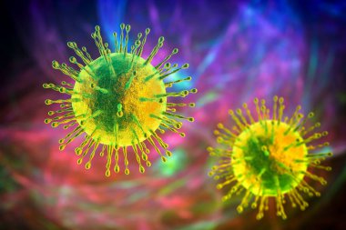 SARS-CoV-2 virüsleri, COVID-19 'un nedensel faktörü. Roman Coronavirus enfeksiyonu, 3 boyutlu illüstrasyon