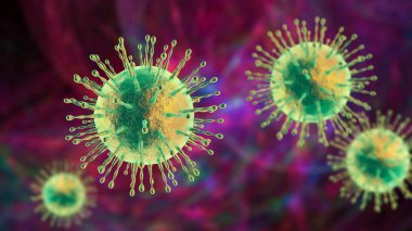 SARS-CoV-2 virüsleri, COVID-19 'un nedensel faktörü. Roman Coronavirus enfeksiyonu, 3 boyutlu illüstrasyon
