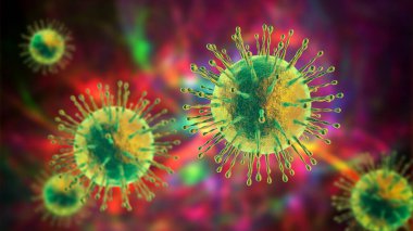 SARS-CoV-2 virüsleri, COVID-19 'un nedensel faktörü. Roman Coronavirus enfeksiyonu, 3 boyutlu illüstrasyon
