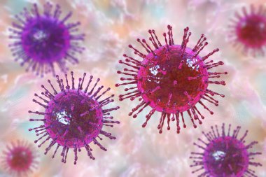 SARS-CoV-2 virüsleri, COVID-19 'un nedensel faktörü. Roman Coronavirus enfeksiyonu, 3 boyutlu illüstrasyon