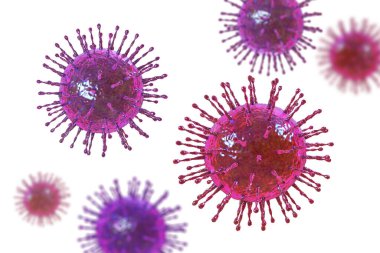 SARS-CoV-2 virüsleri, COVID-19 'un nedensel faktörü. Roman Coronavirus enfeksiyonu, 3 boyutlu illüstrasyon