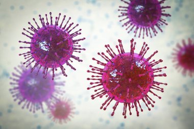 SARS-CoV-2 virüsleri, COVID-19 'un nedensel faktörü. Roman Coronavirus enfeksiyonu, 3 boyutlu illüstrasyon