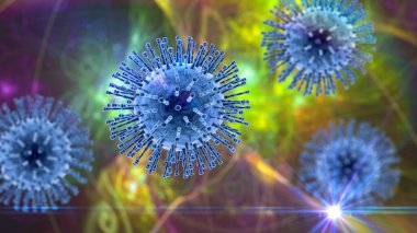 SARS-CoV-2 virüsleri, COVID-19 'un nedensel faktörü. Roman Coronavirus enfeksiyonu, 3 boyutlu illüstrasyon