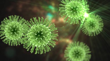 SARS-CoV-2 virüsleri, COVID-19 'un nedensel faktörü. Roman Coronavirus enfeksiyonu, 3 boyutlu illüstrasyon