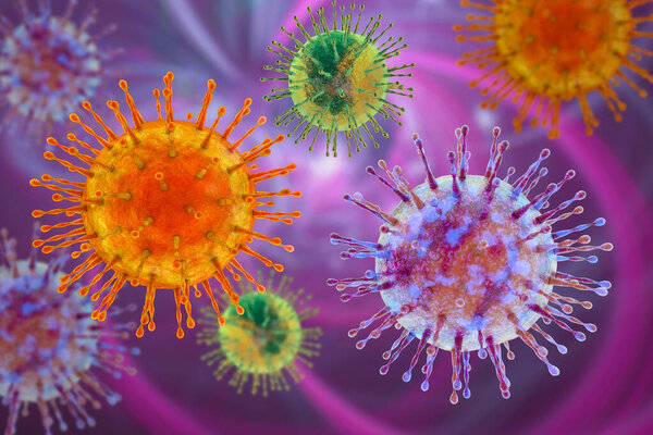 Human pathogenic viruses, 3D illustration