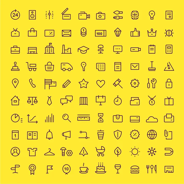 100 Symbole Für Webdienste Linear Violett Auf Gelb — Stockvektor