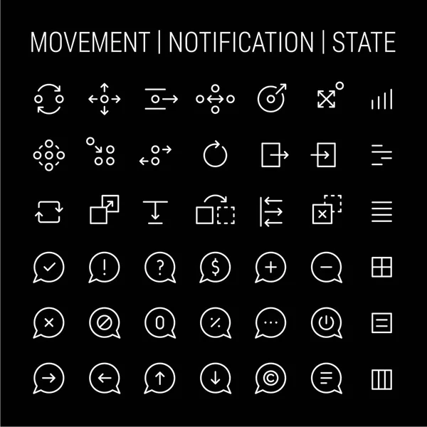 Движение Уведомления Штаты Icons Set Белое Черном — стоковый вектор