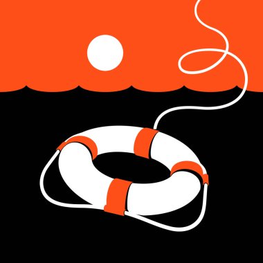 Yüzük lifebuoy ve deniz. Vektör çizim. Siyah. Beyaz. Turuncu. v1.