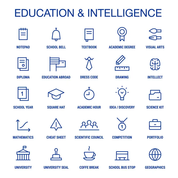 Éducation Des Renseignements Icônes Prêtes Linéaire Bleu Sur Blanc — Image vectorielle