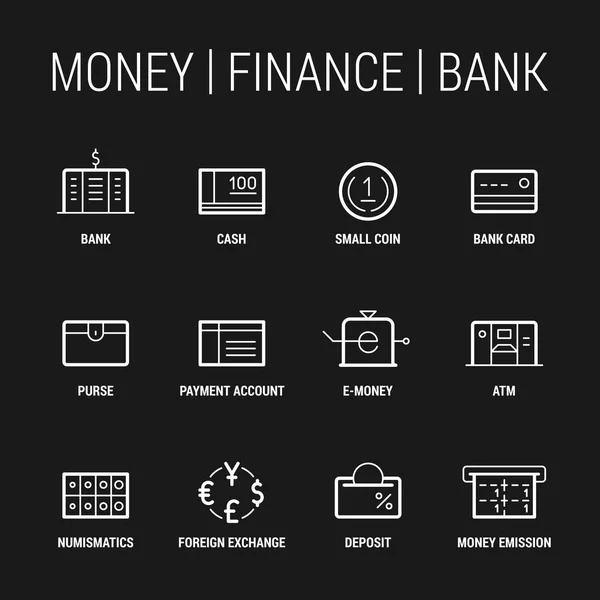 Money Finance Bank Icons Set Thin Thik Lines White Black — Stock Vector