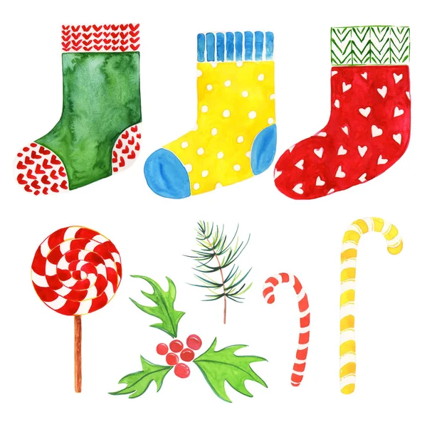 Christmas Sammansättning Detaljerade Mycket Jul Akvarell Illustrationer Strumpa Grön Gul — Stockfoto