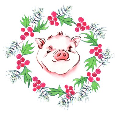 Sevimli domuz ve ve Noel çelenk. Yeni yıl 2019 kartı.