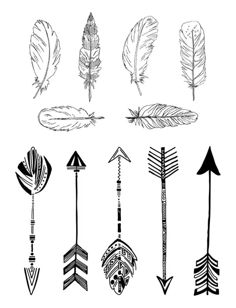 Plumas y flechas rústicas de estilo boho étnico. Vintage vector conjunto . — Vector de stock