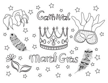 Mardi Gras. Yağ Salı. Karnaval. Koleksiyon simgeler vektör.