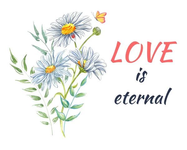 Ein Aquarell aus Blumen und der Inschrift Liebe. — Stockfoto