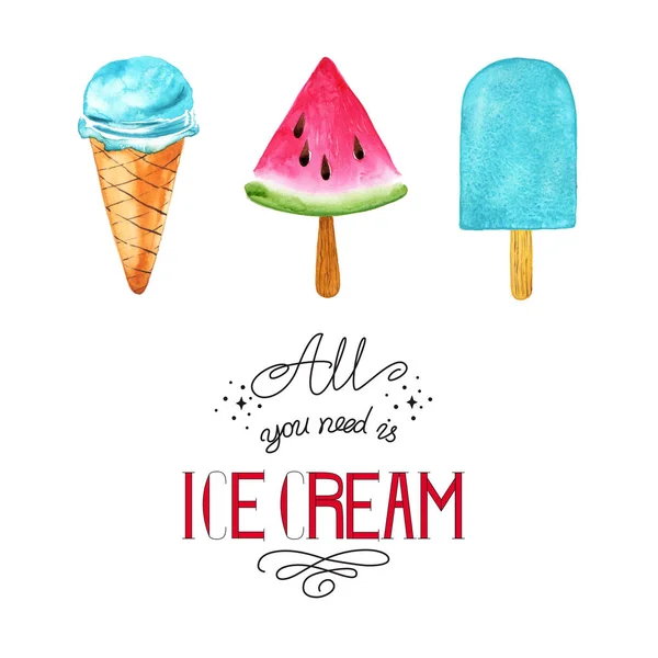 Fagylalt gyűjtemény. Minden amire szükséged van Ice Cream. Akvarell illusztráció. — Stock Fotó
