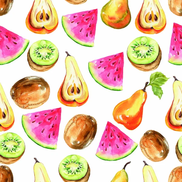 Körte, Kiwi, görögdinnye nyomtatni. Folytonos akvarell mintázat. — Stock Fotó