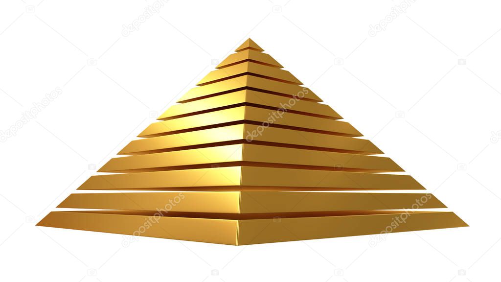 Golden pyramid isolated on white. 3D rendering