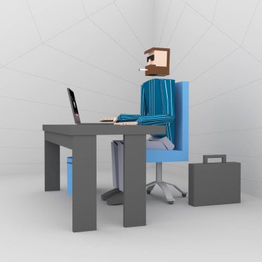 Yöneticisi Office 3d render masada dizüstü bilgisayar kullanarak