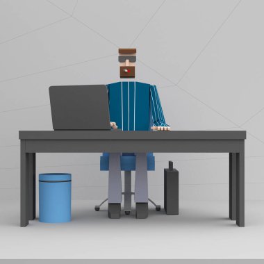 Yöneticisi Office 3d render masada dizüstü bilgisayar kullanarak