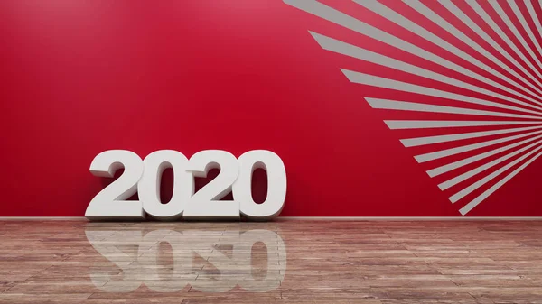 2020 Texto numérico no chão de madeira contra a renderização 3d de parede — Fotografia de Stock