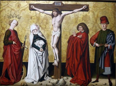 Belvedere Müzesi. Grossgmain 'in efendisi. Azizlerle çarmıha gerilmiş İsa. Ladin üzerine resim yapmak. 15. yüzyılın sonları. Viyana. Avusturya.