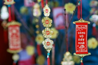 Çin Yeni Yılı. Vietnam Tet kutlaması için süslenmiş sarı ağaç.