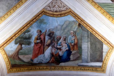 Aziz Jacques Kilisesi. İsa 'nın doğumu ya da İsa' nın doğumu. Üç bilge adam ya da Magi 'nin hayranlığı. Sallanch 'lar. Fransa.