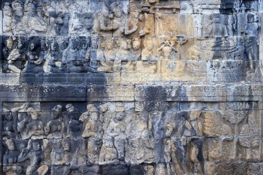 Borobudur, 9. yüzyıl Mahayana Budist Tapınağı. UNESCO Dünya Mirası. Buda 'nın yaşamını kurtarmak için yardım. Java. Endonezya.