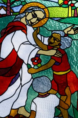 Bakire Meryem Katolik Kilisesi 'nin kusursuz kalbi. Bırakın Küçük Çocuklar bana gelsin. - Tanrım! Yeni ahit. Lekeli cam..