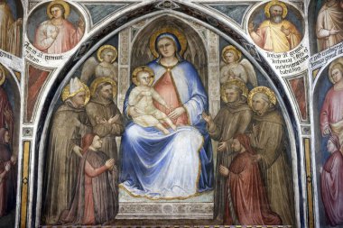 Padua 'lı Aziz Anthony Bazilikası. Giusto de 'Menabuoi 1382' nin Kutsal Luca Belludi Şapeli. Leydimiz Fransiskan Azizleri arasında tahta çıktı. Padua. İtalya.