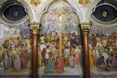 Padua 'lı Aziz Anthony Bazilikası. St. James Şapeli 'nde Altichiero da Zevio' nun freskleri. Çarmıha gerilme. Padua. İtalya.